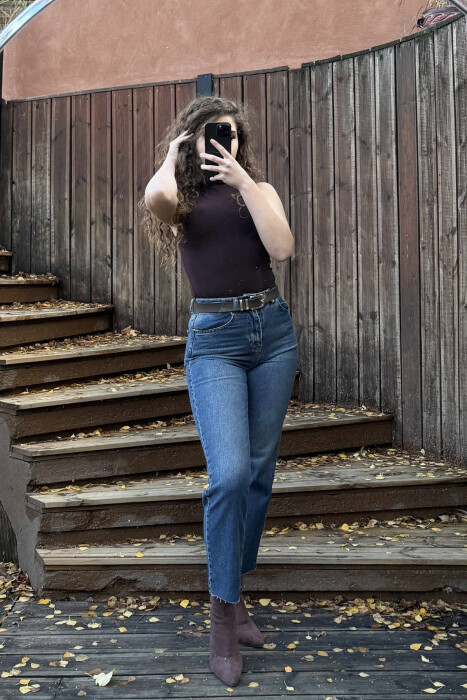 CUTTED EDGES BELTED SIMPLE WOMEN JEANS BLUE/BLU - KLAUDIO FASHION