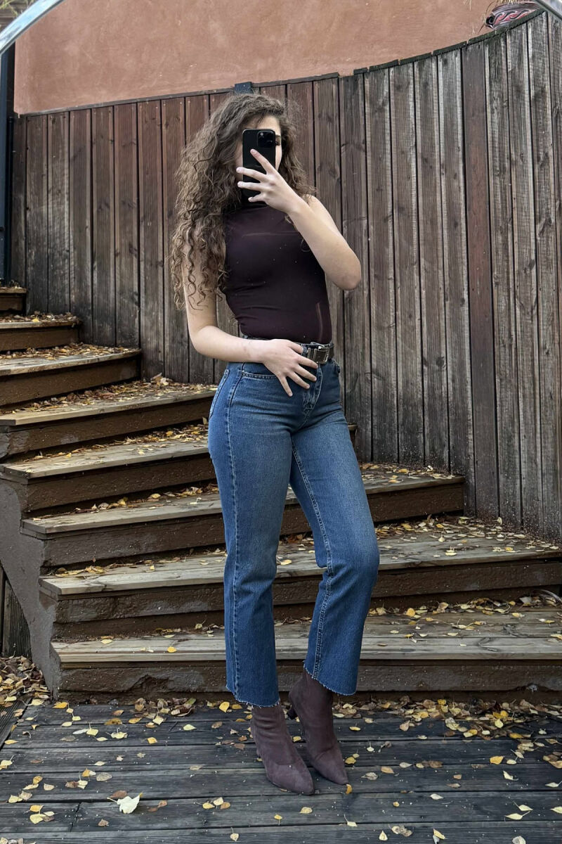 CUTTED EDGES BELTED SIMPLE WOMEN JEANS BLUE/BLU - 2