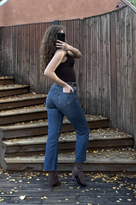 CUTTED EDGES BELTED SIMPLE WOMEN JEANS BLUE/BLU - 3