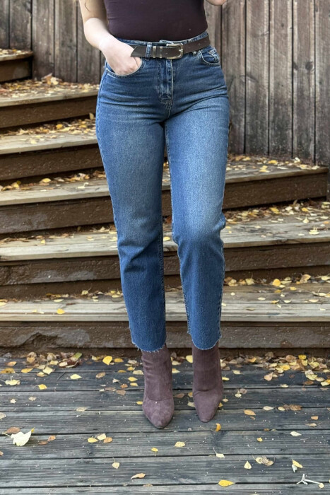 CUTTED EDGES BELTED SIMPLE WOMEN JEANS BLUE/BLU - 4