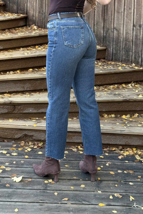 CUTTED EDGES BELTED SIMPLE WOMEN JEANS BLUE/BLU - 5