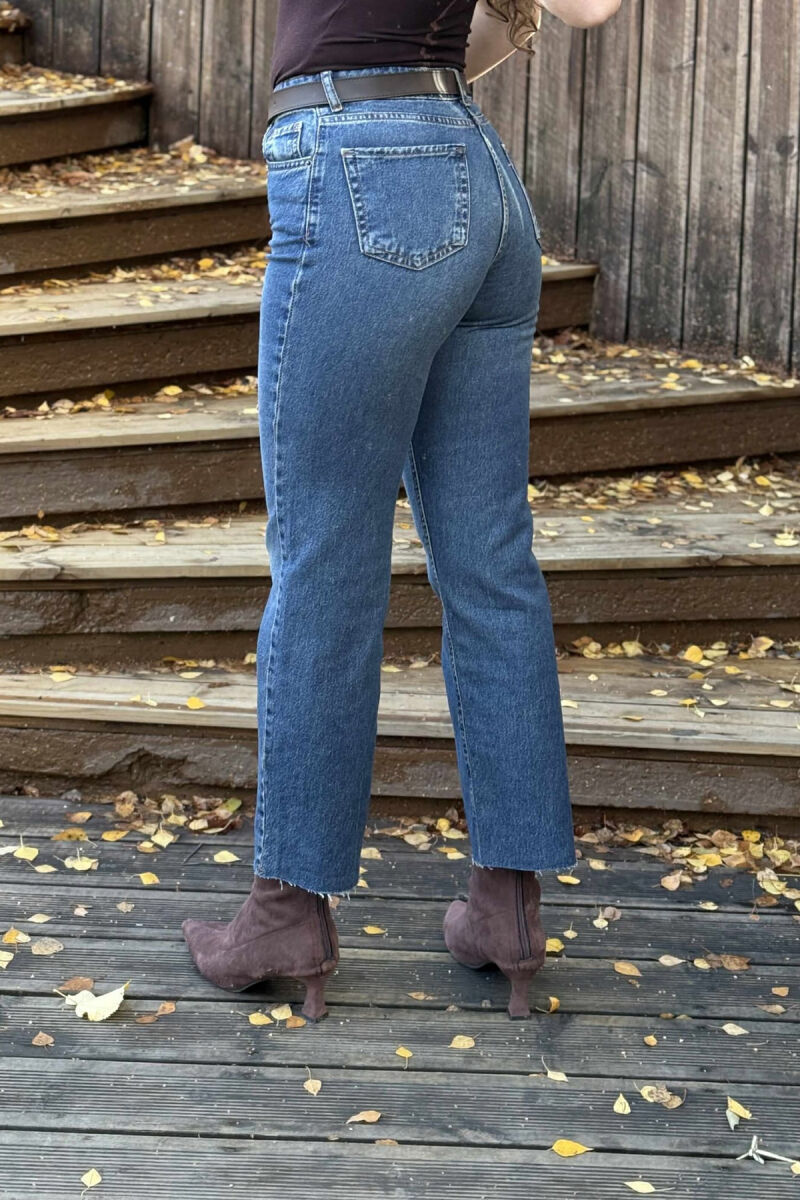 CUTTED EDGES BELTED SIMPLE WOMEN JEANS BLUE/BLU - 5