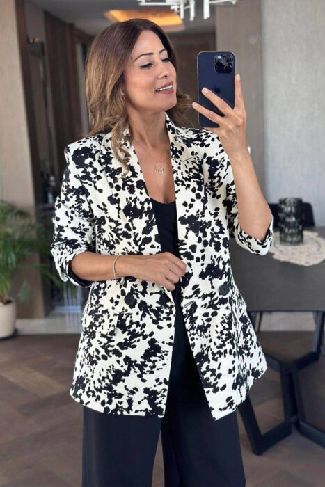 DALMATIAN PRINTED WOMEN JACKET WHITE-BLACK/BAZE - KLAUDIO FASHION