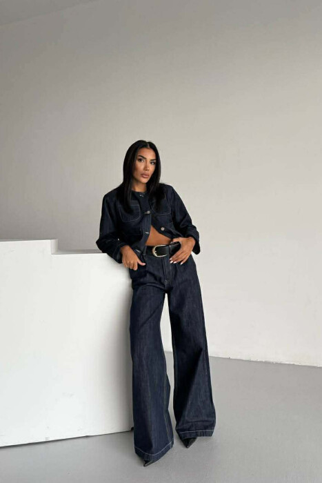 DENIM BUTTONED SHOULDER PADS JACKET + LONG TROUSERS WOMAN SET BLUE/BLU - KLAUDIO FASHION