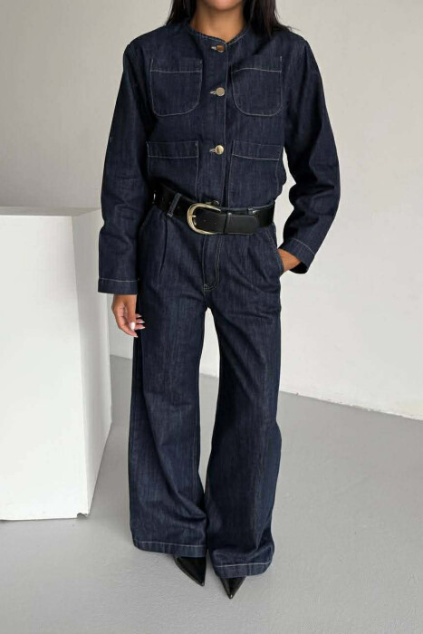 DENIM BUTTONED SHOULDER PADS JACKET + LONG TROUSERS WOMAN SET BLUE/BLU - 4