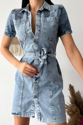 DENIM BUTTONS BELT SHORT DRESS BABY BLUE/BLU BY - KLAUDIO FASHION