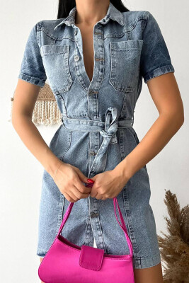 DENIM BUTTONS BELT SHORT DRESS BABY BLUE/BLU BY - 2