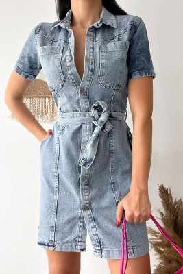 DENIM BUTTONS BELT SHORT DRESS BABY BLUE/BLU BY - 3