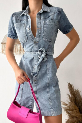 DENIM BUTTONS BELT SHORT DRESS BABY BLUE/BLU BY - 5