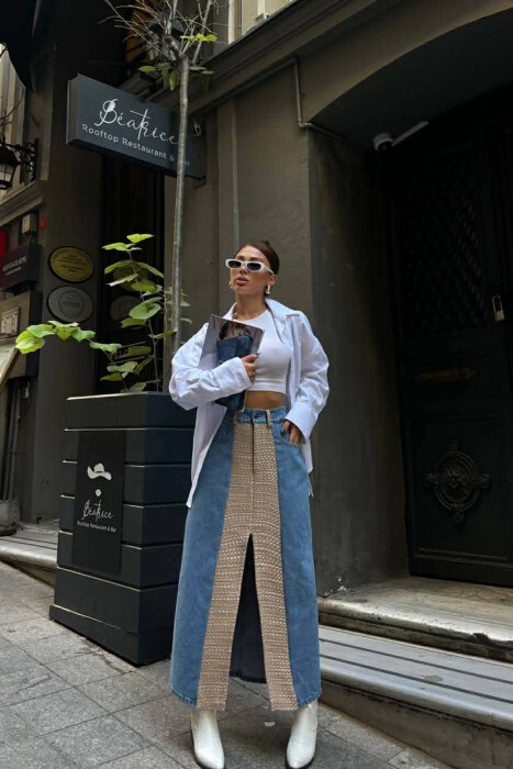 DENIM FRONT KNITTED DETAIL WOMEN SKIRT BEIGE/BEZHE - KLAUDIO FASHION