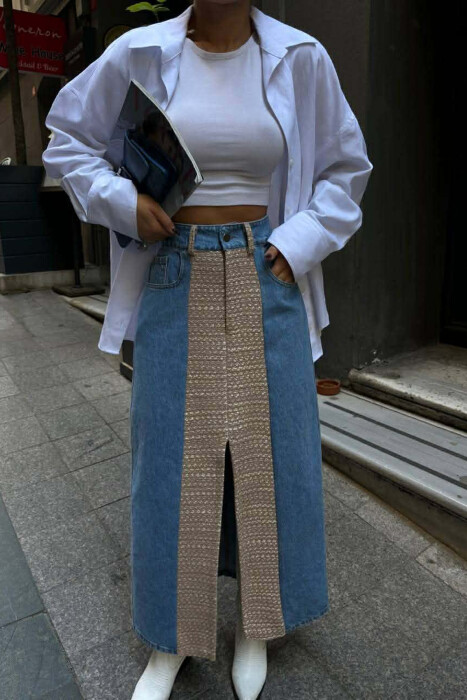 DENIM FRONT KNITTED DETAIL WOMEN SKIRT BEIGE/BEZHE - 2