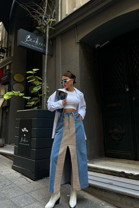 DENIM FRONT KNITTED DETAIL WOMEN SKIRT BEIGE/BEZHE - 3