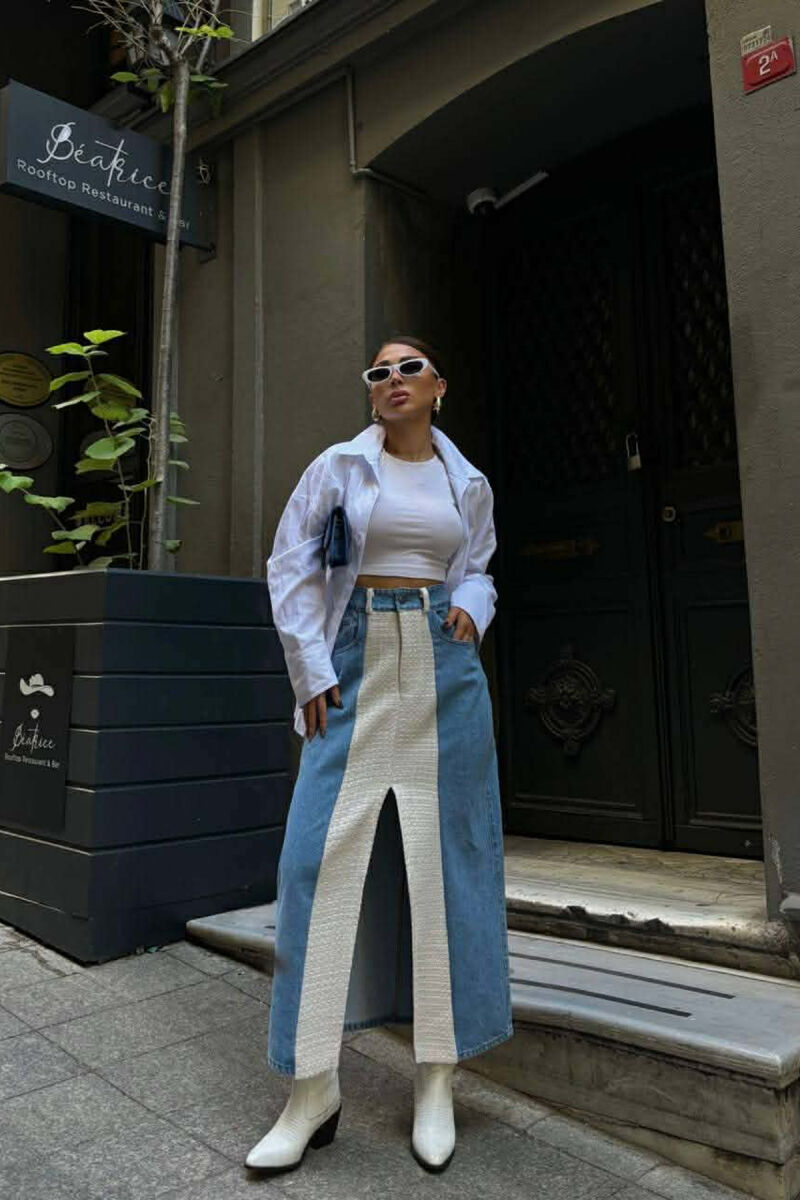 DENIM FRONT KNITTED DETAIL WOMEN SKIRT CREAM/KREM - 1