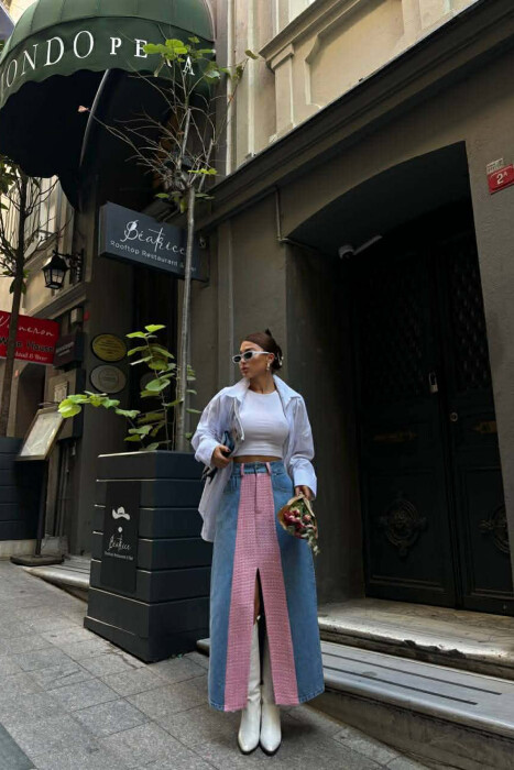 DENIM FRONT KNITTED DETAIL WOMEN SKIRT PINK/ROZE - KLAUDIO FASHION