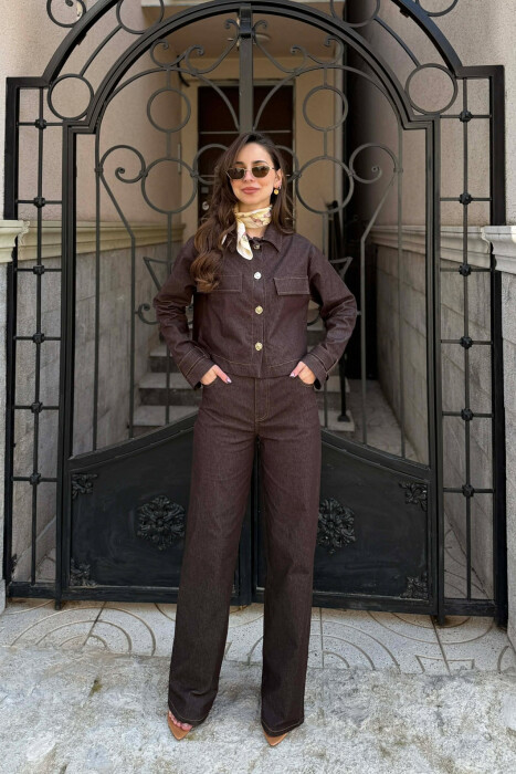 DENIM GOLD BUTTONS JACKET + JEANS WOMAN SET BROWN/KAFE - 1