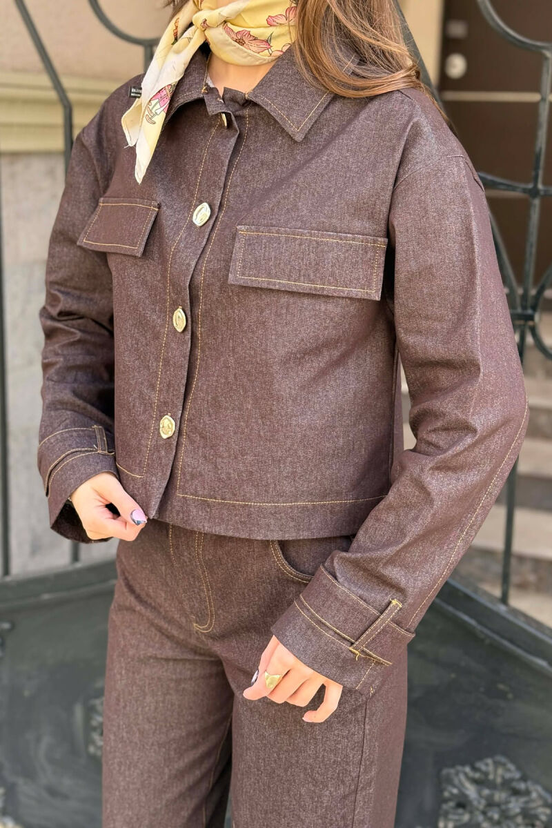 DENIM GOLD BUTTONS JACKET + JEANS WOMAN SET BROWN/KAFE - 2