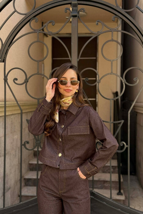DENIM GOLD BUTTONS JACKET + JEANS WOMAN SET BROWN/KAFE - 3