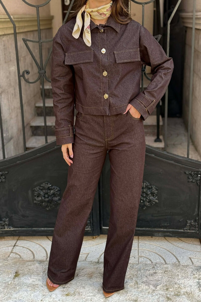 DENIM GOLD BUTTONS JACKET + JEANS WOMAN SET BROWN/KAFE - 4