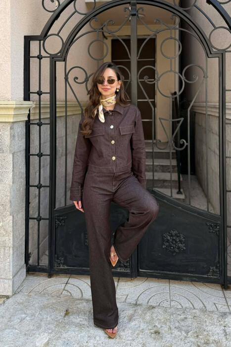 DENIM GOLD BUTTONS JACKET + JEANS WOMAN SET BROWN/KAFE - 5