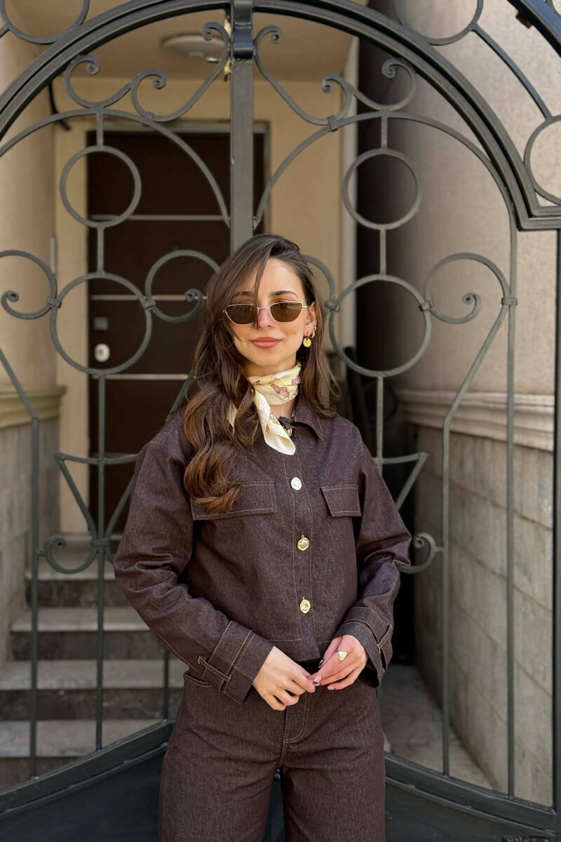DENIM GOLD BUTTONS JACKET + JEANS WOMAN SET BROWN/KAFE - 6