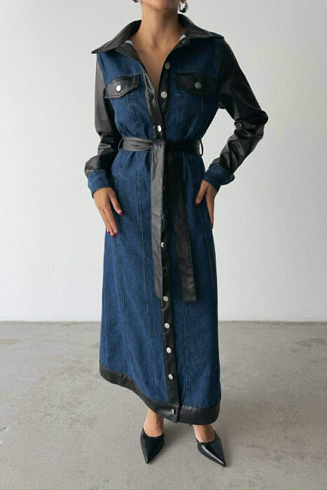 DENIM & LEATHER DESIGN LONG WOMEN DRESS BLACK-BLUE/ZEBL - KLAUDIO FASHION