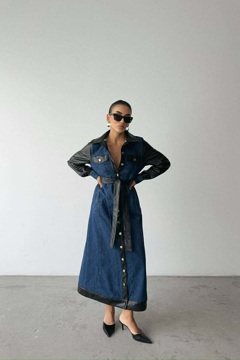 DENIM & LEATHER DESIGN LONG WOMEN DRESS BLACK-BLUE/ZEBL - 1