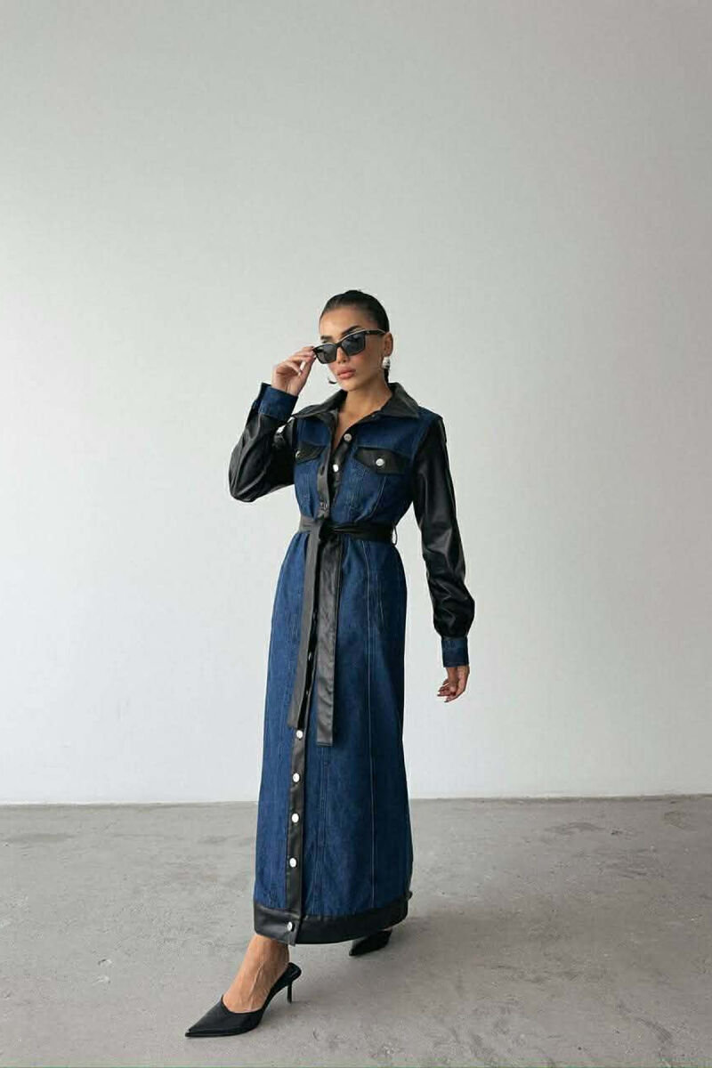 DENIM & LEATHER DESIGN LONG WOMEN DRESS BLACK-BLUE/ZEBL - 3
