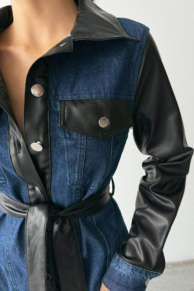 DENIM & LEATHER DESIGN LONG WOMEN DRESS BLACK-BLUE/ZEBL - 4