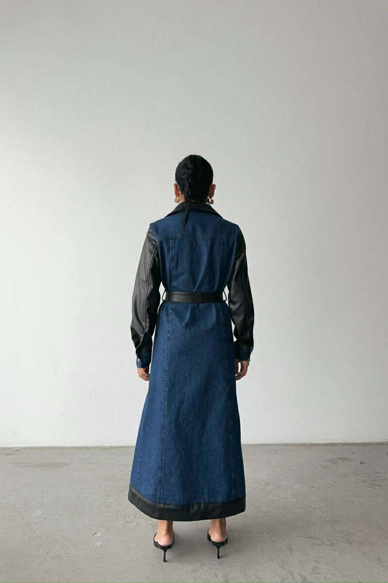 DENIM & LEATHER DESIGN LONG WOMEN DRESS BLACK-BLUE/ZEBL - 6