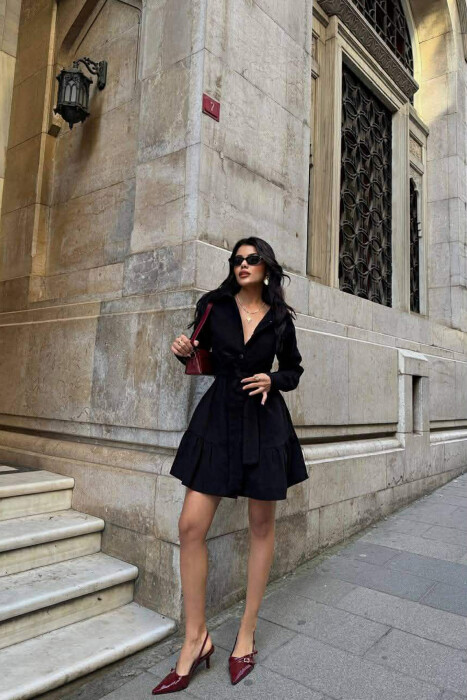 DENIM POLO NECK BELT DETAIL WOMEN DRESS BLACK/ E ZEZE - 1