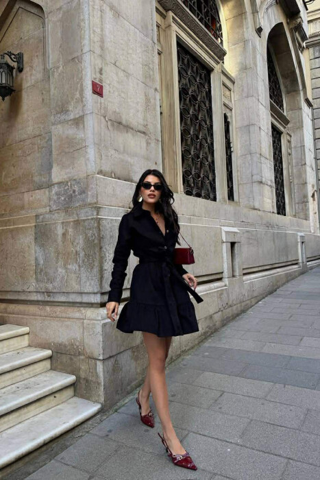 DENIM POLO NECK BELT DETAIL WOMEN DRESS BLACK/ E ZEZE - 4