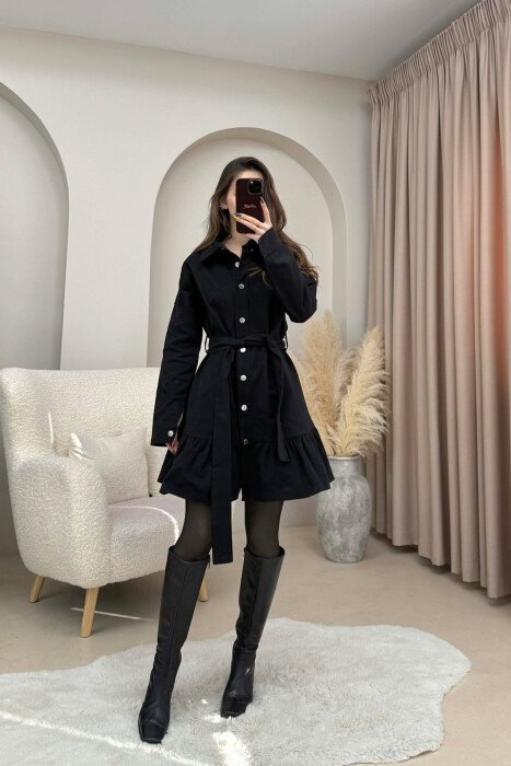 DENIM POLO NECK BELT DETAIL WOMEN DRESS BLACK/ E ZEZE - 1