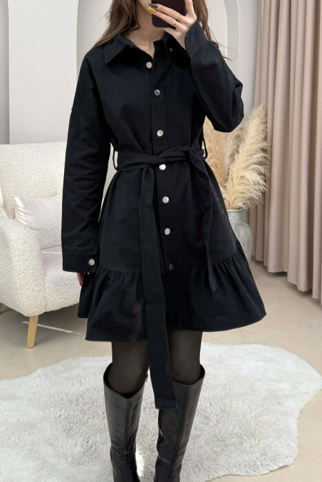 DENIM POLO NECK BELT DETAIL WOMEN DRESS BLACK/ E ZEZE - 4