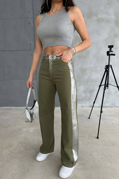 DENIM SILVER DETAILS WIDE LEG WOMEN JEANS GREEN/JESHILE - KLAUDIO FASHION