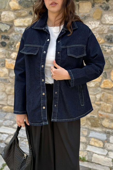 DENIM SIMPLE BUTTONED WOMEN JACKET DARK BLUE/BEE - 3