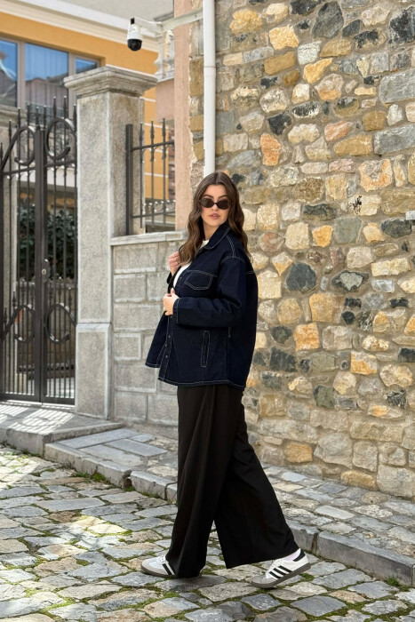 DENIM SIMPLE BUTTONED WOMEN JACKET DARK BLUE/BEE - 4