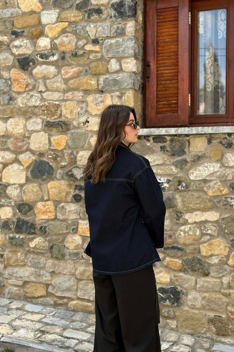 DENIM SIMPLE BUTTONED WOMEN JACKET DARK BLUE/BEE - 5