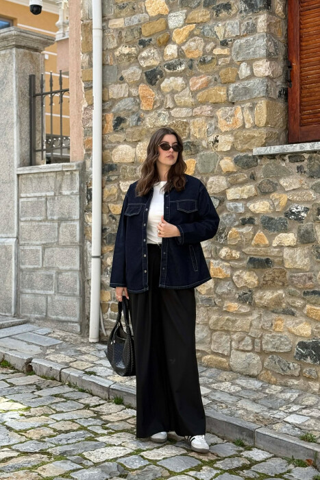 DENIM SIMPLE BUTTONED WOMEN JACKET DARK BLUE/BEE - 6