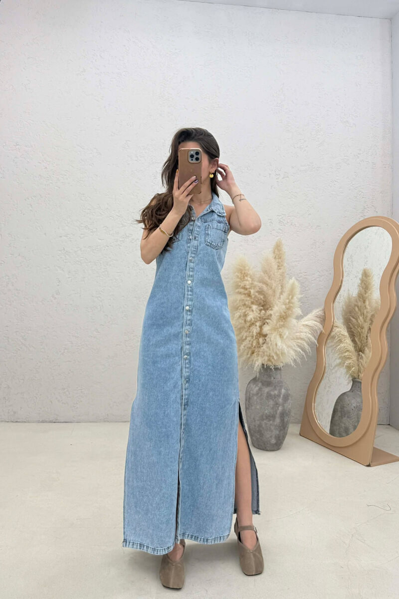 DENIM SLEEVELESS BUTTONED WOMEN DRESS LIGHTBLUE/BZ - 1