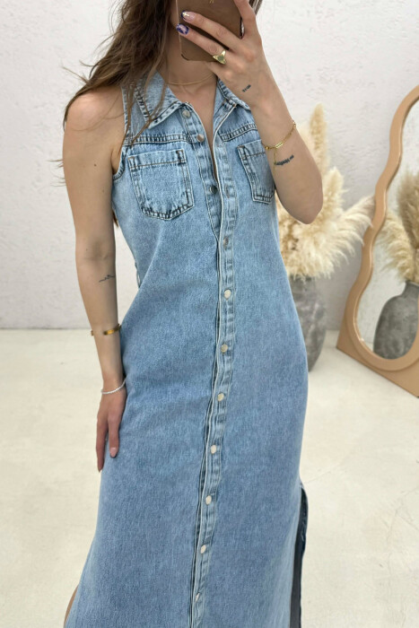 DENIM SLEEVELESS BUTTONED WOMEN DRESS LIGHTBLUE/BZ - 3