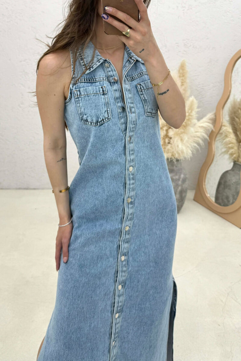 DENIM SLEEVELESS BUTTONED WOMEN DRESS LIGHTBLUE/BZ - 3