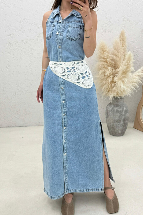 DENIM SLEEVELESS BUTTONED WOMEN DRESS LIGHTBLUE/BZ - 4