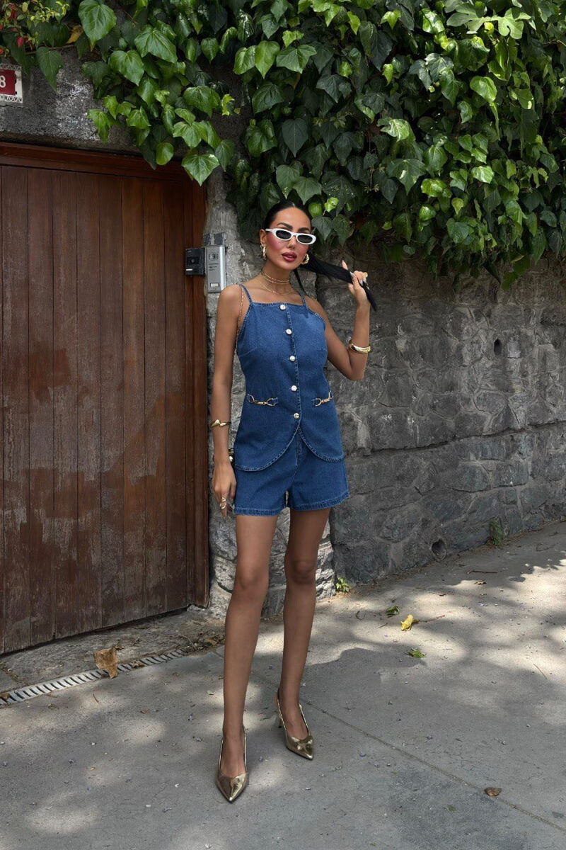 DENIM THIN STRAPS VEST+SHORTS WOMEN SET BLUE/BLU - 1