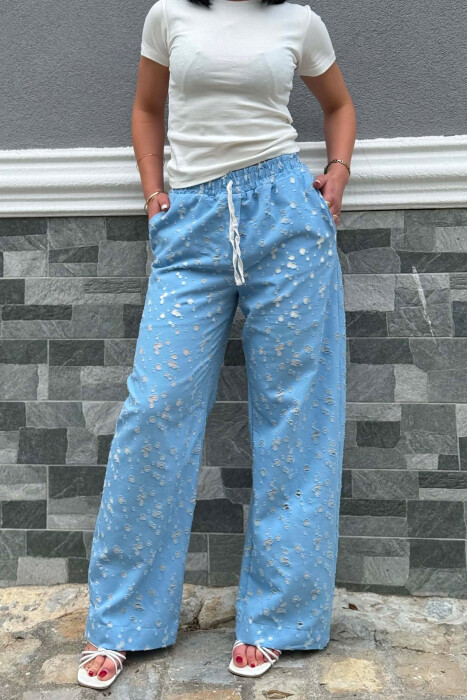 DESIGNED ELASTIC WAIST WOMAN TROUSERS LIGHTBLUE/BZ - 2