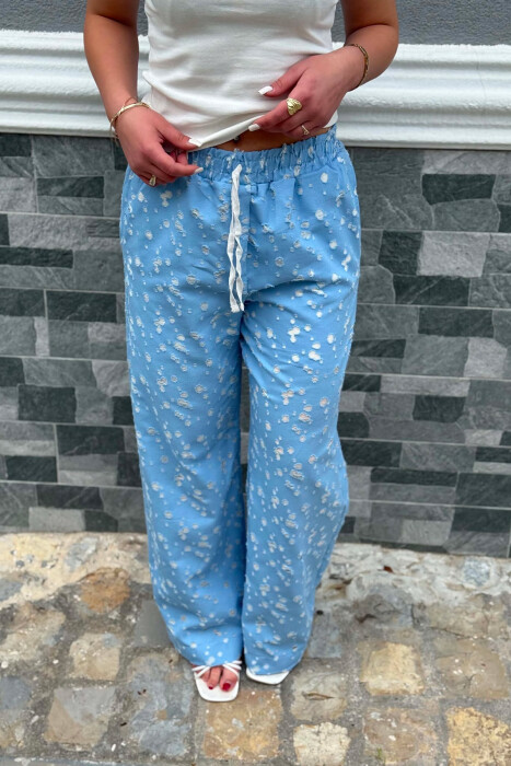 DESIGNED ELASTIC WAIST WOMAN TROUSERS LIGHTBLUE/BZ - 5