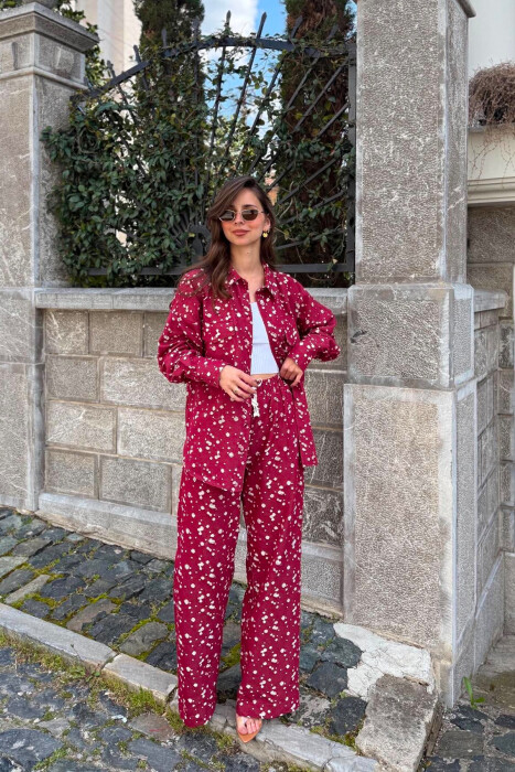 DESIGNED FRONT POCKETS SHIRT + TROUSERS WOMAN SET BURGUNDY/VISHNJE - 1