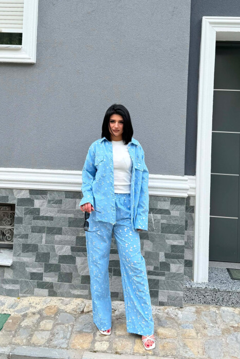 DESIGNED FRONT POCKETS SHIRT + TROUSERS WOMAN SET LIGHTBLUE/BZ - 1