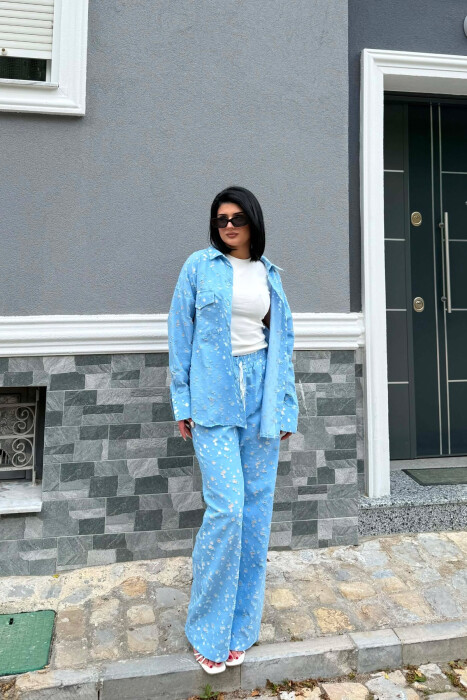 DESIGNED FRONT POCKETS SHIRT + TROUSERS WOMAN SET LIGHTBLUE/BZ - 4