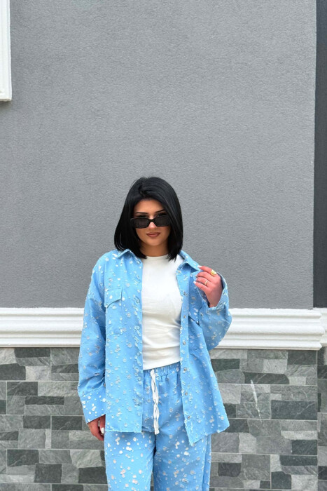 DESIGNED FRONT POCKETS SHIRT + TROUSERS WOMAN SET LIGHTBLUE/BZ - 5