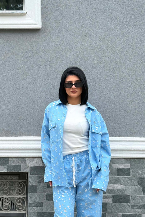 DESIGNED FRONT POCKETS SHIRT + TROUSERS WOMAN SET LIGHTBLUE/BZ - 7
